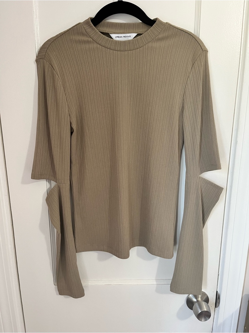 Urban Revivo Taupe Ribbed Long Sleeve Top with Cutouts